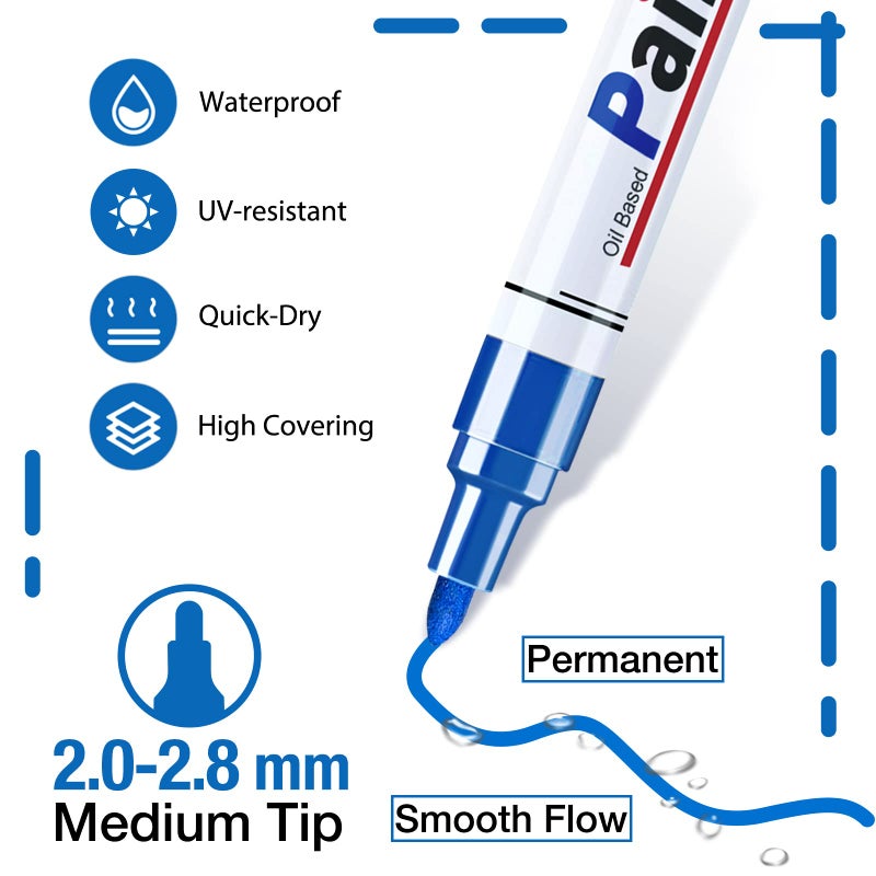 DAPAWIN Blue Paint Pen Permanent Paint Markers - 8 Oil Based Pens, Medium Tip, Quick Drying and Waterproof Marker Pens for Metal, Rock Painting, Wood, Fabric, Plastic,Canvas,Mugs Blue Markers Permanent - Image 2